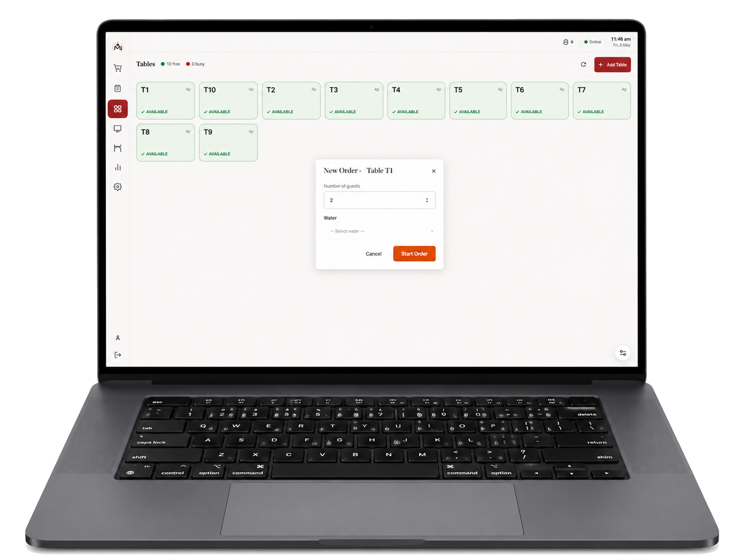 Tables view with an open order modal in Maatrachhaya